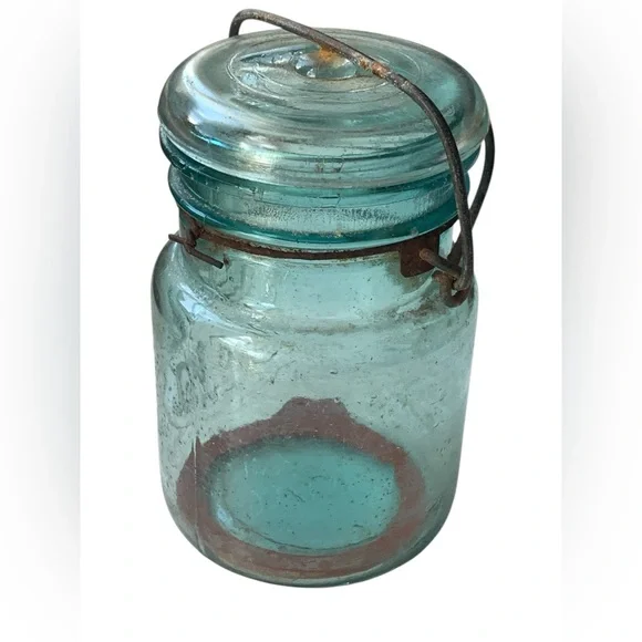 Antique 1900-20 BALL TIGHT SEAL Aqua Blue Glass Pint Mason Jar Wire Bale Kitchen - Picture 6 of 12